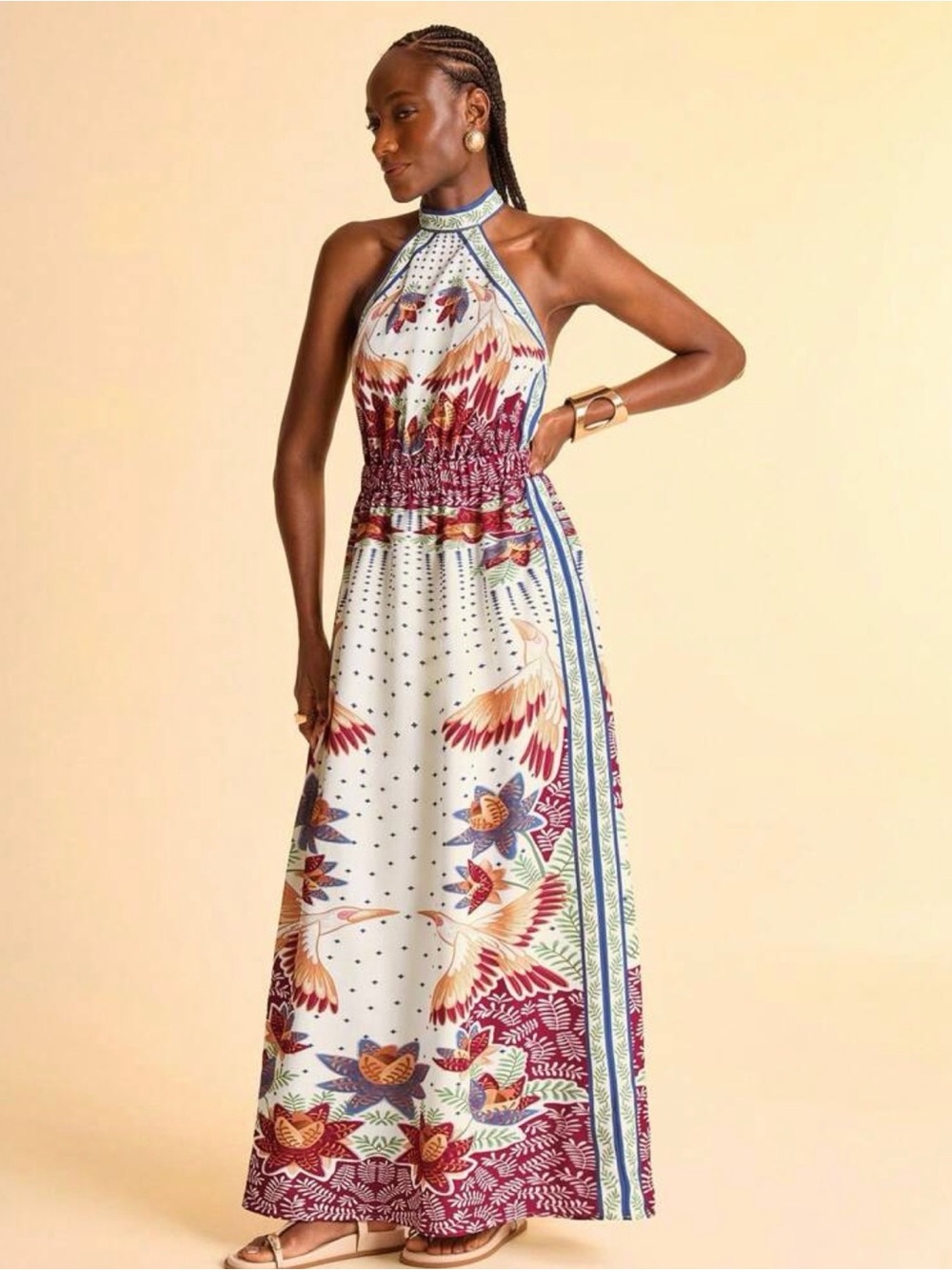 Printed Halter Maxi Dress in White and Burgundy